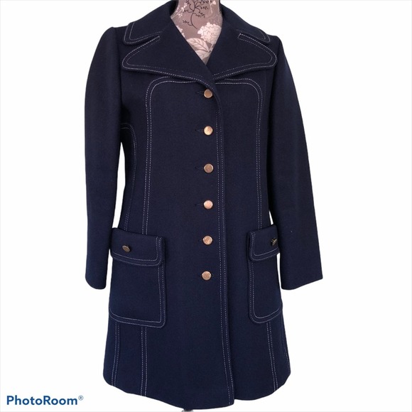 Vintage Wool Peacoat Navy Contrast Arthur Jay Rovercoat Dagger Collar 70's